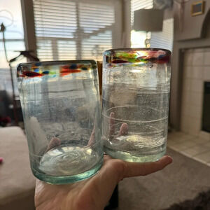 Hand Blown Mexican Glasses  Multi Color confetti Rims Set Of 2